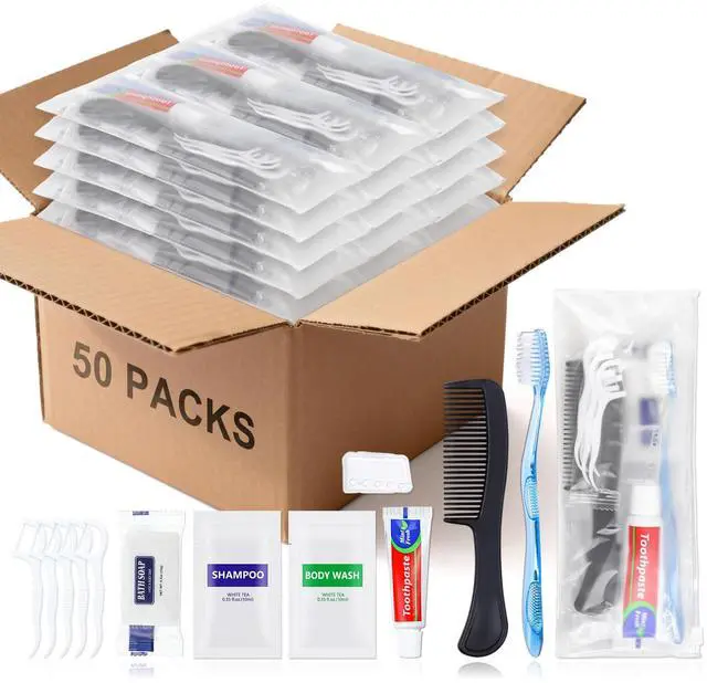 Main image of 50 Sets Bulk Hygiene Kits for Homeless,Basic Toiletry Kit Homeless Supplies Bulk,Disposable Toothbrushes with Toothpaste and Comb Individually Wrapped,Bath Soap,Shampoo,Body Wash,Floss Pick