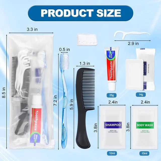 Alt view image 2 of 7 - 50 Sets Bulk Hygiene Kits for Homeless,Basic Toiletry Kit Homeless Supplies Bulk,Disposable Toothbrushes with Toothpaste and Comb Individually Wrapped,Bath Soap,Shampoo,Body Wash,Floss Pick
