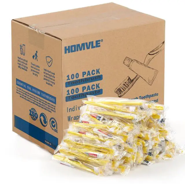 Main image of Disposable Toothbrushes with Toothpaste - 100 Packs Individually Wrapped Travel Toothbrushes Bulk, Medium Soft Bristles, Perfect for Travel Size Toiletries, OCC, Airbnb, Dentist, Office