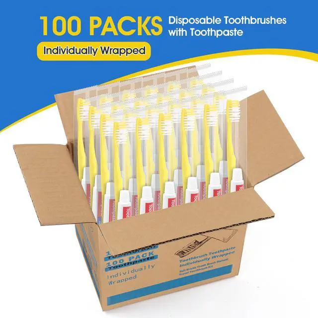 Alt view image 2 of 6 - Disposable Toothbrushes with Toothpaste - 100 Packs Individually Wrapped Travel Toothbrushes Bulk, Medium Soft Bristles, Perfect for Travel Size Toiletries, OCC, Airbnb, Dentist, Office