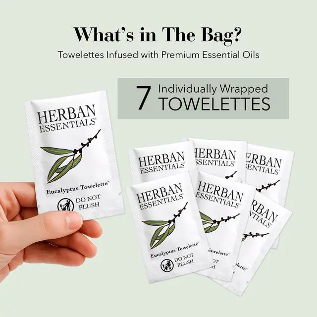 Alt view image 2 of 7 - Eucalyptus Wipes & Towelettes - Essential Oil Wipes for Hands & Body - Travel Size Essentials and Toiletries - Natural, Individually Wrapped, Disposable & Moist Refresh (7 count)