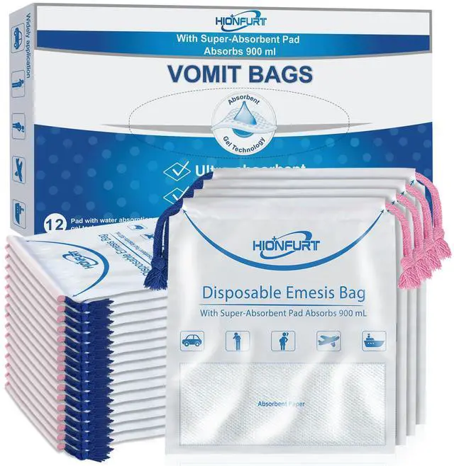 Main image of Absorbent Vomit Bag Disposable,12Pcs Emesis Bags-Turns Vomit into Gel,Leak Resistant Barf Bag,900ml Portable Nausea Bags for Travel Motion Sickness,Pregnancy,Kids,Taxi,car
