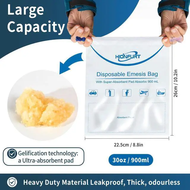 Alt view image 3 of 6 - Absorbent Vomit Bag Disposable,12Pcs Emesis Bags-Turns Vomit into Gel,Leak Resistant Barf Bag,900ml Portable Nausea Bags for Travel Motion Sickness,Pregnancy,Kids,Taxi,car
