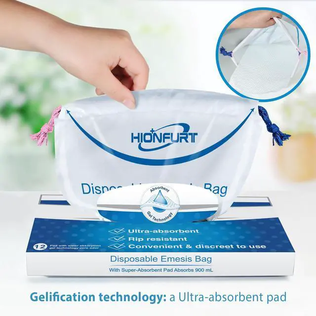 Alt view image 2 of 6 - Absorbent Vomit Bag Disposable,12Pcs Emesis Bags-Turns Vomit into Gel,Leak Resistant Barf Bag,900ml Portable Nausea Bags for Travel Motion Sickness,Pregnancy,Kids,Taxi,car