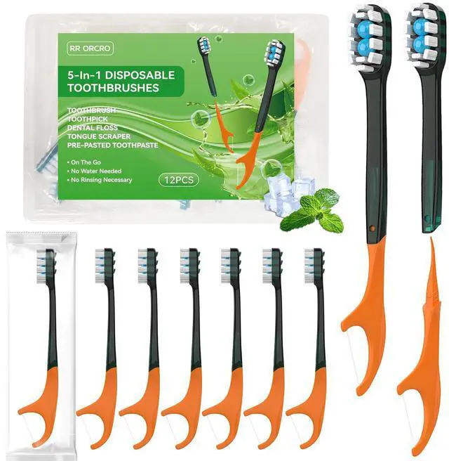 Main image of 12Pack Disposable Toothbrushes with Toothpaste + Pick + Floss + Tongue Scraper 5-in-1 Mini Prepasted Travel Toothbrush for Hotel Camping Flight Car Single Use Portable Individually Wrapped | Mint
