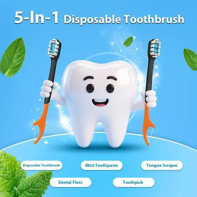 Alt view image 2 of 7 - 12Pack Disposable Toothbrushes with Toothpaste + Pick + Floss + Tongue Scraper 5-in-1 Mini Prepasted Travel Toothbrush for Hotel Camping Flight Car Single Use Portable Individually Wrapped | Mint