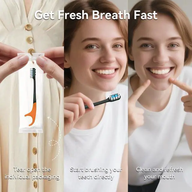 Alt view image 7 of 7 - 12Pack Disposable Toothbrushes with Toothpaste + Pick + Floss + Tongue Scraper 5-in-1 Mini Prepasted Travel Toothbrush for Hotel Camping Flight Car Single Use Portable Individually Wrapped | Mint