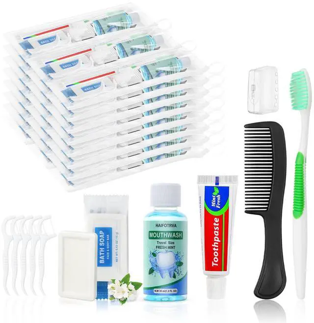 Main image of 30 Set Personal Care Travel Toiletries Sets Bulk,8-IN-1 Disposable Toothbrushes with Toothpaste and Floss,Mouthwash,Comb,Soap,Cover,Zip Bag Toiletry Travel Toothbrush Kit for Homeless,Hotel,Charity