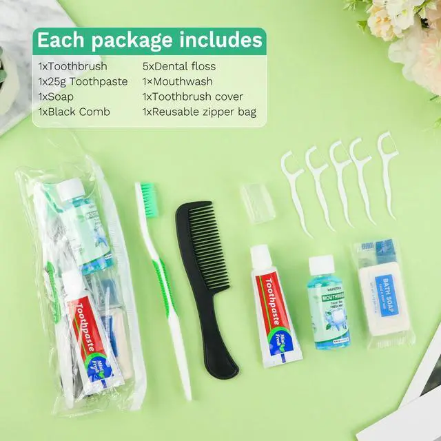 Alt view image 7 of 7 - 30 Set Personal Care Travel Toiletries Sets Bulk,8-IN-1 Disposable Toothbrushes with Toothpaste and Floss,Mouthwash,Comb,Soap,Cover,Zip Bag Toiletry Travel Toothbrush Kit for Homeless,Hotel,Charity