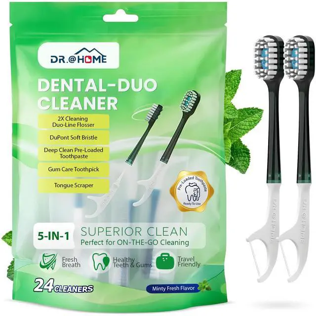 Main image of Disposable Travel Toothbrush on the go, Oral Care Set, Prepasted Mini Toothbrush 5 in 1 (Mint Paste+ Soft Bristles+Flosser+Pick+Tongue Scraper) | Individually Wrapped 24 Count - 1 Pack