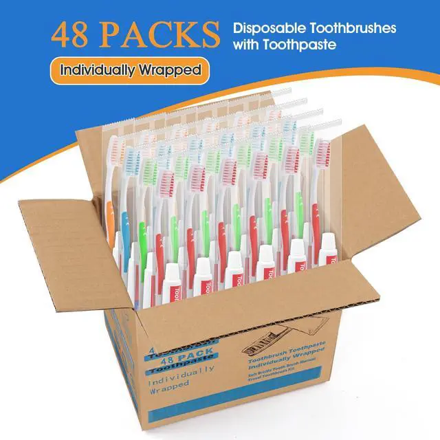 Alt view image 2 of 6 - 48 Packs Disposable Toothbrushes with Toothpaste, Individually Wrapped Buld Toothbrush and Toothpaste Buld for Travel Size Toiletries, OCC, Airbnb, Dentist, Office/4 Colorful