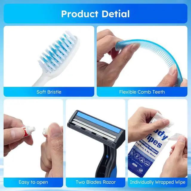 Alt view image 4 of 7 - Travel Hygiene Kit Personal Toiletries Bulk, Disposable Homeless Care Package Supplies, Men Toiletry Set Cleaning Essentials Individually Wrapped for Camping, Travel, Relief, Charity (11-in-1, 5)