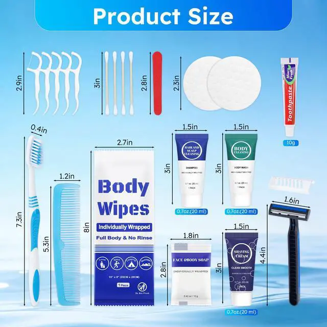 Alt view image 2 of 7 - Travel Hygiene Kit Personal Toiletries Bulk, Disposable Homeless Care Package Supplies, Men Toiletry Set Cleaning Essentials Individually Wrapped for Camping, Travel, Relief, Charity (11-in-1, 5)