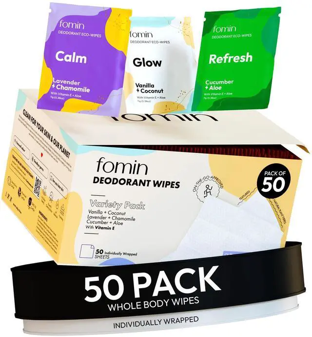 Main image of Travel Deodorant Wipes - 50 Count - Variety Pack - pH Balanced, Hypoallergenic Mini Deodorant Wipes For Women and Men - Plastic-Free, Individually Wrapped Underarm & Body Wipes