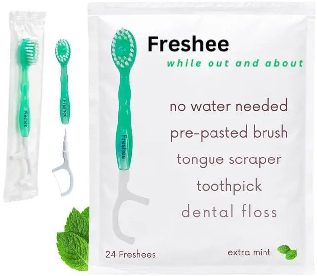 Main image of Bead Disposable Toothbrushes with Toothpaste 5 in 1 Mini Toothbrush with Floss, Pick, Tongue Scraper | No Water Needed | Individually Wrapped Prepasted Travel Toothbrush | Extra Mint