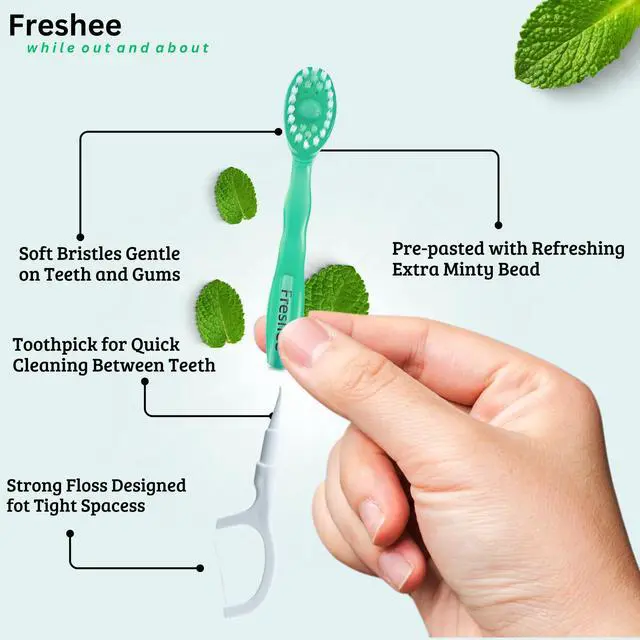 Alt view image 2 of 7 - Bead Disposable Toothbrushes with Toothpaste 5 in 1 Mini Toothbrush with Floss, Pick, Tongue Scraper | No Water Needed | Individually Wrapped Prepasted Travel Toothbrush | Extra Mint