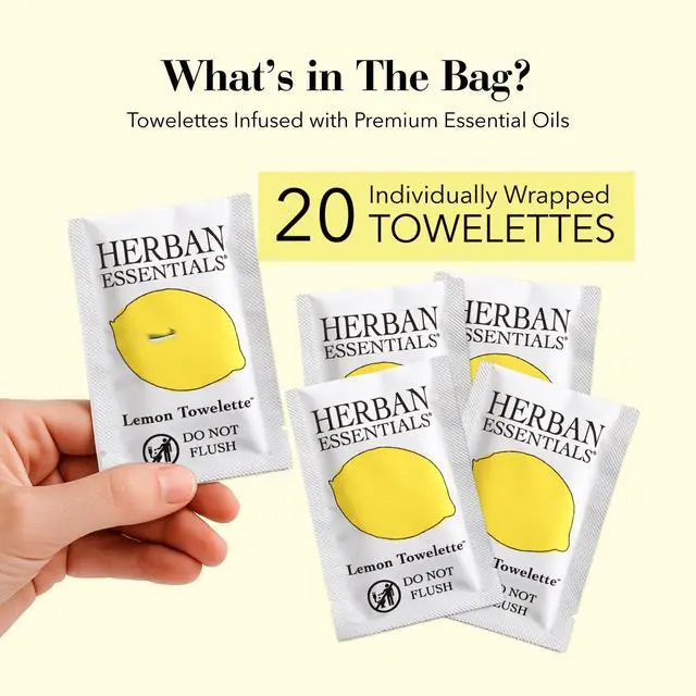 Alt view image 2 of 7 - Lemon Wipes & Towelettes - Essential Oil Wipes for Make Up, Hands, Face & Body - Travel Size Essentials & Toiletries - Natural, Individually Wrapped, Disposable & Moist (20 count)