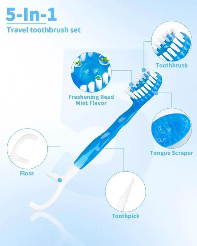 Alt view image 3 of 7 - 5 in 1 Disposable Mini Toothbrushes Travel Size with Toothpaste, Floss, Pick & Tongue Scraper, Individually Wrapped, Portable Oral Care Set, 24 Packs, Mix 4 Flavors