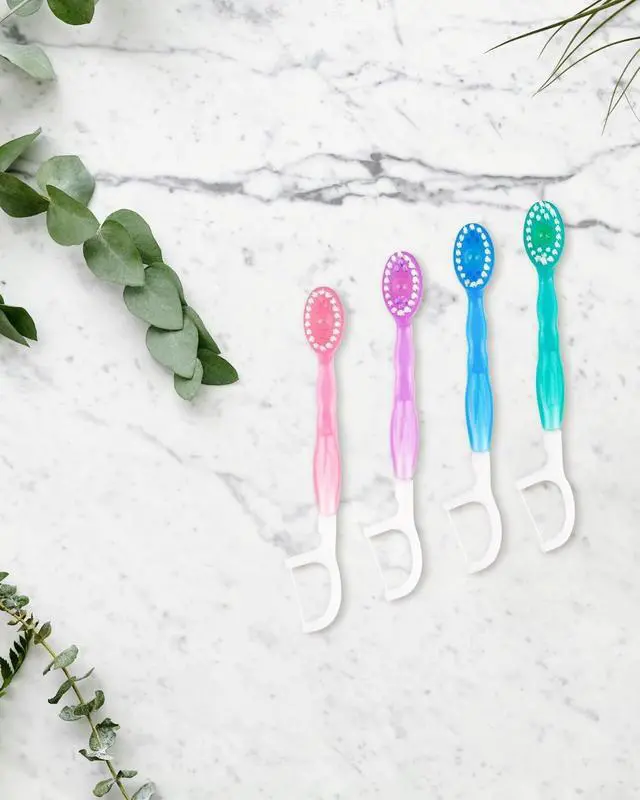 Alt view image 7 of 7 - 5 in 1 Disposable Mini Toothbrushes Travel Size with Toothpaste, Floss, Pick & Tongue Scraper, Individually Wrapped, Portable Oral Care Set, 24 Packs, Mix 4 Flavors