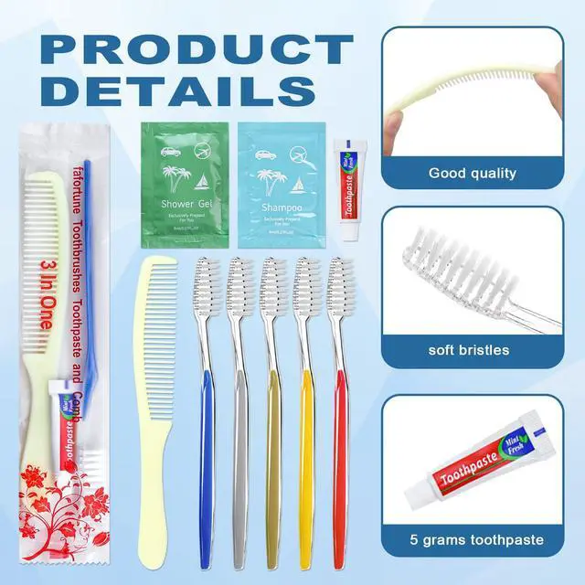 Alt view image 3 of 7 - Bulk Hygiene Kits for Homeless,Disposable Toothbrushes with Toothpaste and Comb for Homeless Individually WrappedBasic Toiletry Kits Travel Size Shampoo And Body Wash For Hotel,Air Bnb Charity(20)