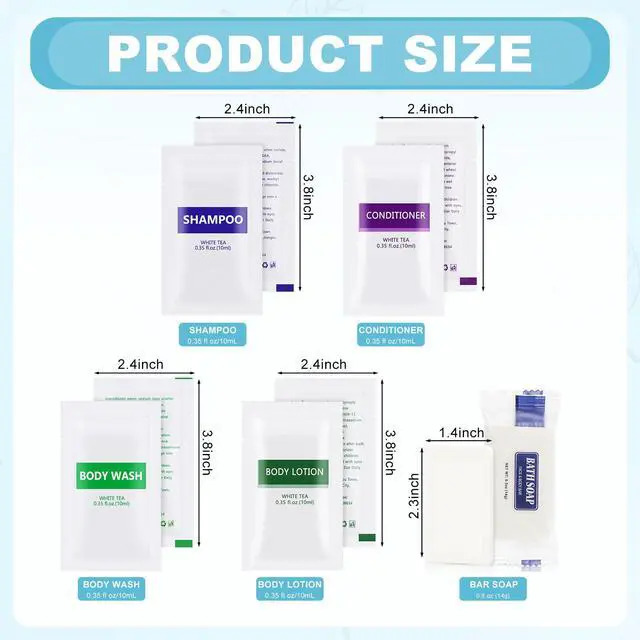 Alt view image 2 of 7 - 5IN1 Toiletries Bulk Travel Size Set(100 Pcs) 5-Piece Set: 20pcs Travel Size Body Wash, 20pcs Hotel Shampoo, 20pcs Mini Conditioner, 20pcs Body Lotion, 20psc Bar Soap, Bulk Mini Guest Amenities Supply