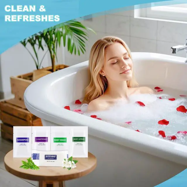 Alt view image 4 of 7 - 5IN1 Toiletries Bulk Travel Size Set(100 Pcs) 5-Piece Set: 20pcs Travel Size Body Wash, 20pcs Hotel Shampoo, 20pcs Mini Conditioner, 20pcs Body Lotion, 20psc Bar Soap, Bulk Mini Guest Amenities Supply