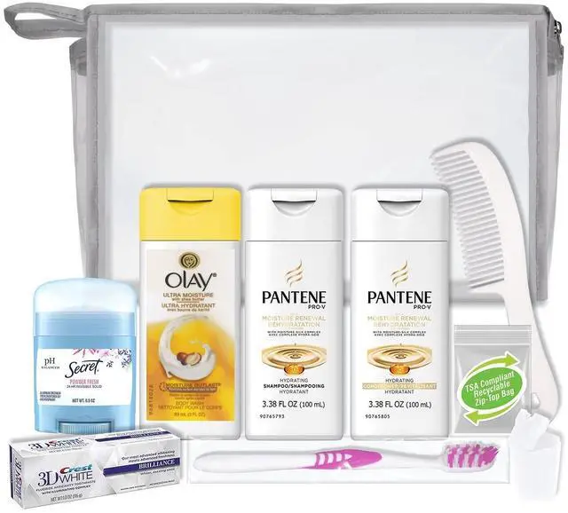 Main image of Women's 10-Piece Deluxe Kit with Travel Size TSA Compliant Essentials, Featuring: Pantene Hair Products in Reusable Toiletry Bag - Clear color