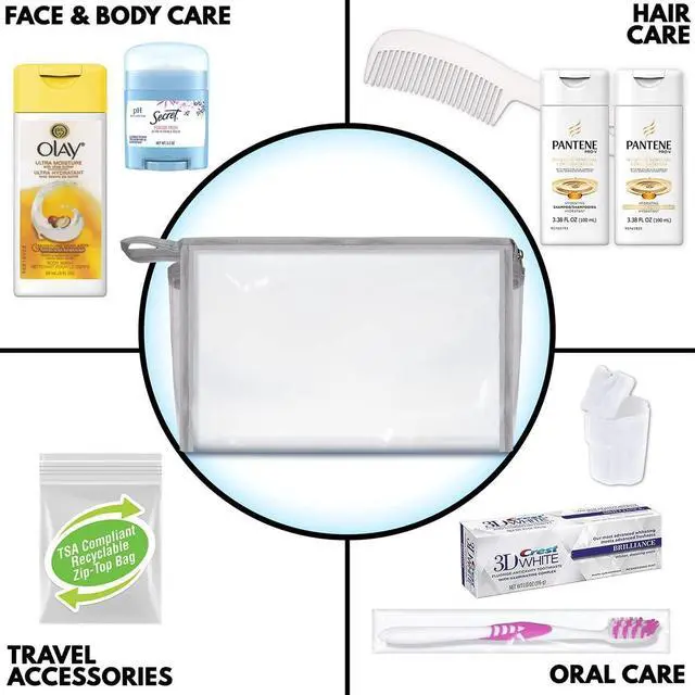 Alt view image 3 of 6 - Women's 10-Piece Deluxe Kit with Travel Size TSA Compliant Essentials, Featuring: Pantene Hair Products in Reusable Toiletry Bag - Clear color
