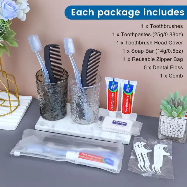 Alt view image 2 of 7 - 5 Sets Personal Hygiene Kit Bulk, Disposable Toothbrushes with Toothpaste Floss Comb Soap and Cover, Toiletry Kits Homeless Supplies Bulk for Women,Men,Travel,Homeless