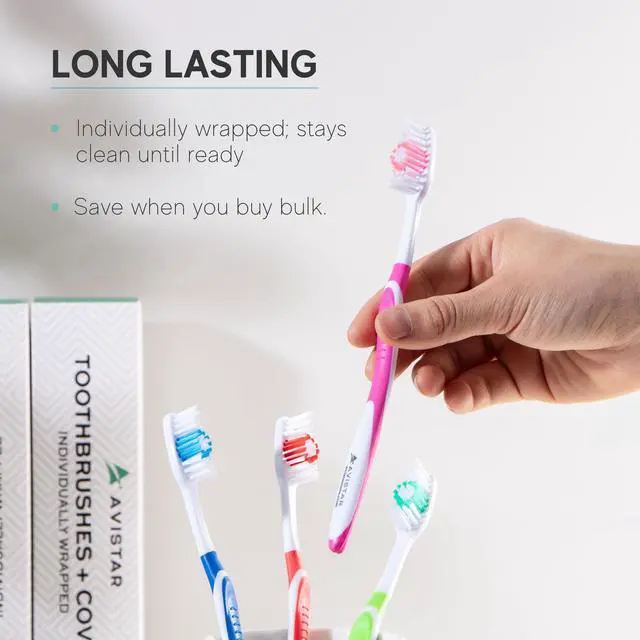 Alt view image 2 of 6 - 104 Pack Bulk Toothbrushes w/ Cover Caps, Individually Wrapped Disposable Travel Toothbrush, Value Size, Long Lasting 3+ Months, Med-Soft Manual Teeth Brush Bristles, 4 Colors (Red Green Blue Pink)