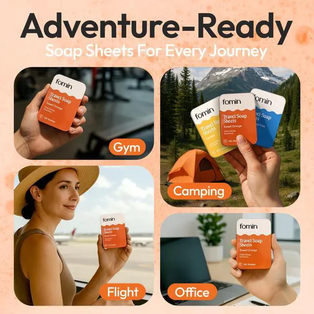 Alt view image 3 of 6 - Paper Soap Sheets for Traveling - 100 Orange Portable Camping Soap Sheets for Travel in Tin - Dissolvable Mini Portable Travel Soap Sheet for Hand Washing