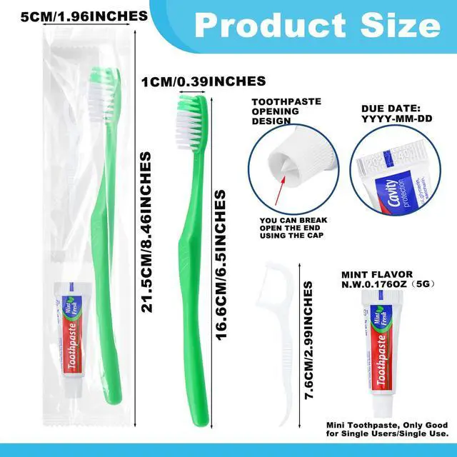 Alt view image 4 of 7 - Disposable Toothbrushes with Toothpaste and Floss,50Pcs Green Single Use Individually Wrapped Disposable Travel Toothbrushes and Dental Floss Kit Bulk for Homeless,Airbnb,Hotel,Dentist