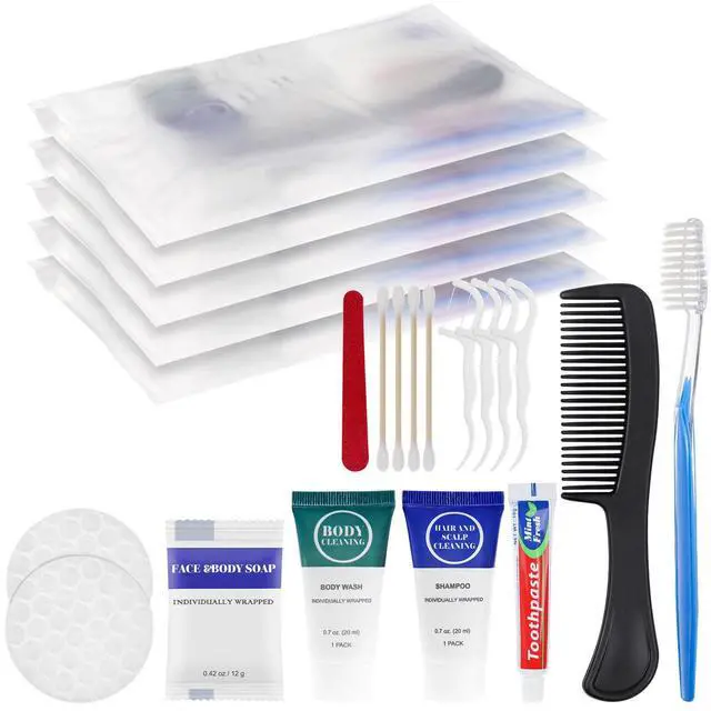 Main image of Toiletry Kits Travel Essentials Disposable Hygiene in Bulk, Trial Size Toiletries Supplies Individually Wrapped Traveling Personal Care Items, for Camping, Hotel, Homeless, Charity, 8-in-1 (5-Pack)