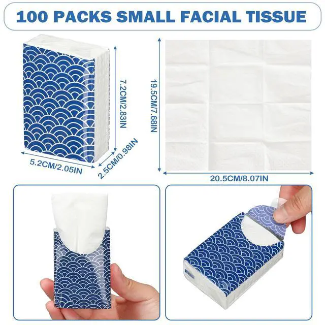Alt view image 4 of 7 - 100 Pack Pocket Tissues Travel Packs Bulk 1000 Sheet Mini Tissues Bulk 3 Ply Small Travel Size Paper Individual Pocket Size for Classroom Weeding Party(Cool)