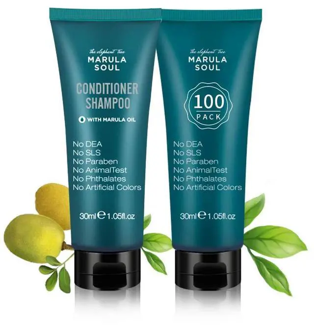 Main image of Travel Size 2in1 Shampoo & Conditioner with Marula Oil - 1.05 oz - Hotel Size for Use in Vacation Rental/Guest Room-SLS and Paraben Free-Ambergris Scent(100 Pack)