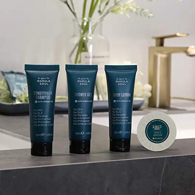 Alt view image 6 of 6 - Travel Size 2in1 Shampoo & Conditioner with Marula Oil - 1.05 oz - Hotel Size for Use in Vacation Rental/Guest Room-SLS and Paraben Free-Ambergris Scent(100 Pack)
