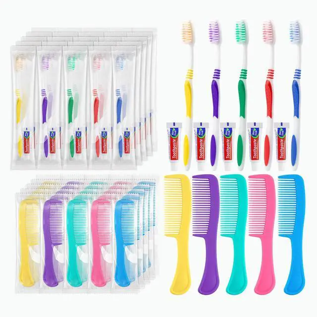 Main image of Disposable Toothbrushes with Toothpaste and Comb in Bulk, Individually Wrapped Soft Bristle Travel Size Basic Hygiene Kits, for Travel Hotel Camping Charity Homeless Shelter Donation in 5 colors (25)
