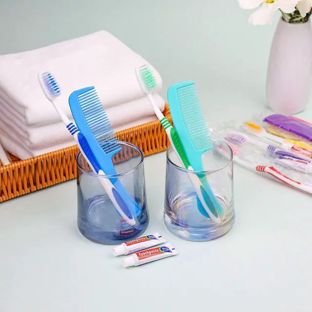 Alt view image 4 of 7 - Disposable Toothbrushes with Toothpaste and Comb in Bulk, Individually Wrapped Soft Bristle Travel Size Basic Hygiene Kits, for Travel Hotel Camping Charity Homeless Shelter Donation in 5 colors (25)