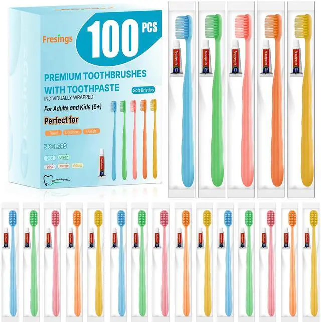 Main image of 100 Pack Disposable Toothbrushes with Toothpaste, Individually Wrapped, Soft PBT Bristles, Peanut Grip Handle, Fluoride-Free, Bulk Travel Kit for Hotel, Guests, Emergency, Adults & Kids