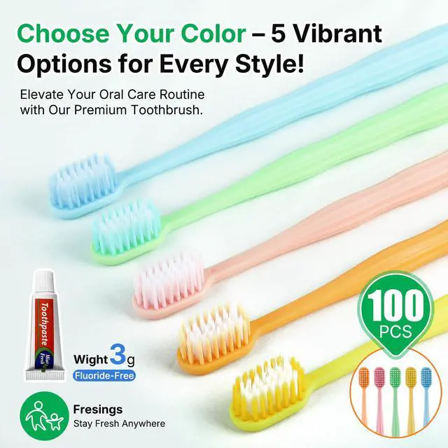 Alt view image 2 of 7 - 100 Pack Disposable Toothbrushes with Toothpaste, Individually Wrapped, Soft PBT Bristles, Peanut Grip Handle, Fluoride-Free, Bulk Travel Kit for Hotel, Guests, Emergency, Adults & Kids