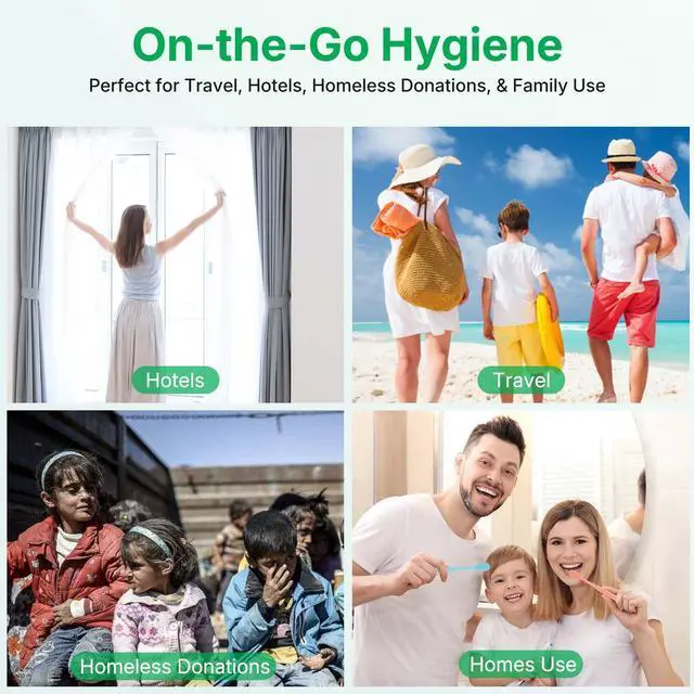 Alt view image 7 of 7 - 100 Pack Disposable Toothbrushes with Toothpaste, Individually Wrapped, Soft PBT Bristles, Peanut Grip Handle, Fluoride-Free, Bulk Travel Kit for Hotel, Guests, Emergency, Adults & Kids