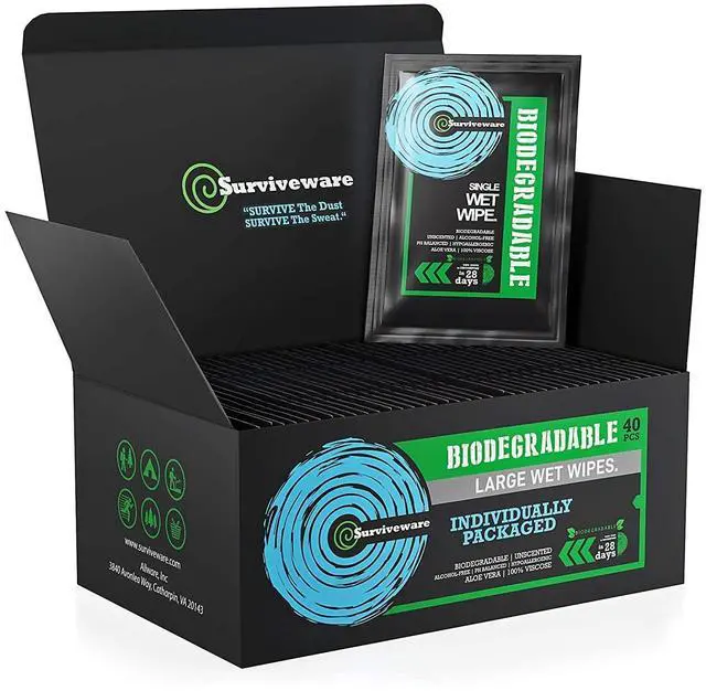 Main image of Biodegradable Wipes Men or Women - Shower Wet Wipes Face, Body & Butt - Outdoors, Travel, Camping & Post Workout - Total of 40 Wipes - 1 Count, Pack of 40