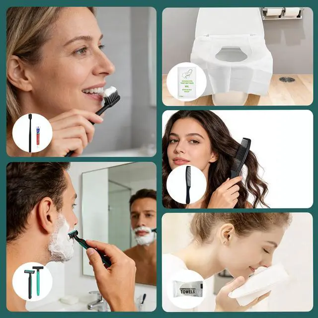 Alt view image 3 of 7 - 6 Sets Personal Hygiene Kit Bulk, Disposable Toothbrushes with Toothpaste, Comb, Shaving Razor, Face Towel, Cover, and Vanity Kit, Toiletry Kits Homeless Bulk Supplies for Women, Men, Travel, Homeless
