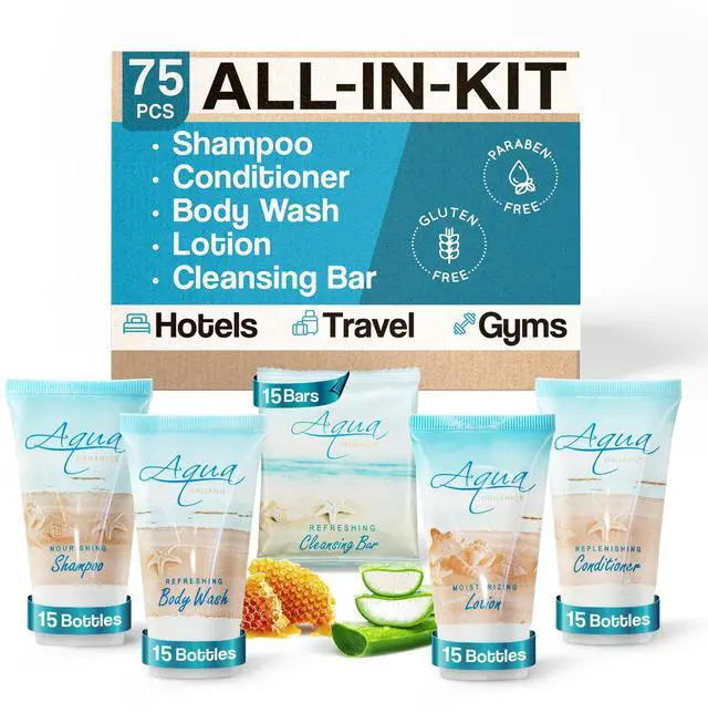 Main image of Aqua Organics Hotel Soaps & Toiletries Bulk Set | 1-Shoppe Amenities Kit | 1oz Shampoo & Conditioner, Body Wash, Lotion, 1oz Bar Soap | Travel Size | 75 Pieces