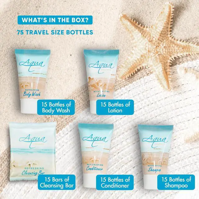 Alt view image 3 of 7 - Aqua Organics Hotel Soaps & Toiletries Bulk Set | 1-Shoppe Amenities Kit | 1oz Shampoo & Conditioner, Body Wash, Lotion, 1oz Bar Soap | Travel Size | 75 Pieces