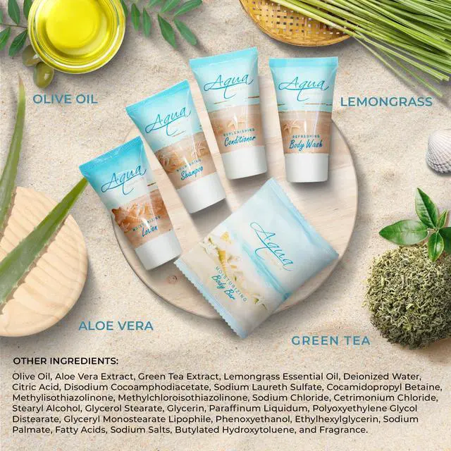 Alt view image 4 of 7 - Aqua Organics Hotel Soaps & Toiletries Bulk Set | 1-Shoppe Amenities Kit | 1oz Shampoo & Conditioner, Body Wash, Lotion, 1oz Bar Soap | Travel Size | 75 Pieces