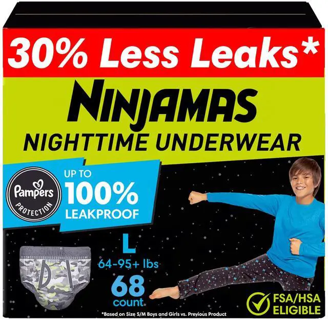 Main image of Boys Bedwetting Nighttime Underwear, Size L Pull Ups for Boys (64-95+ lbs), 68 Count, Training Pants, Overnight Underwear Kids, Ultra Absorbent, Hypoallergenic