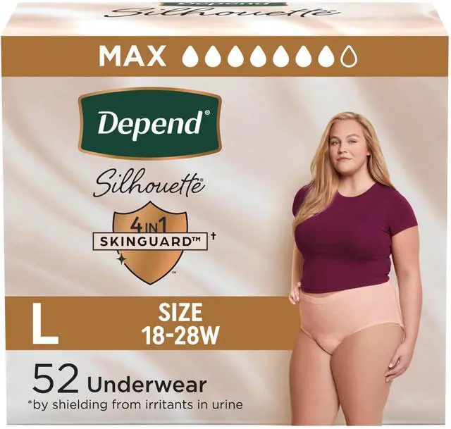 Main image of Silhouette Adult Diapers, Incontinence & Postpartum Bladder Leak Underwear for Women, Maximum Absorbency, Large, Pink, 52 Count (2 Packs of 26), Packaging May Vary