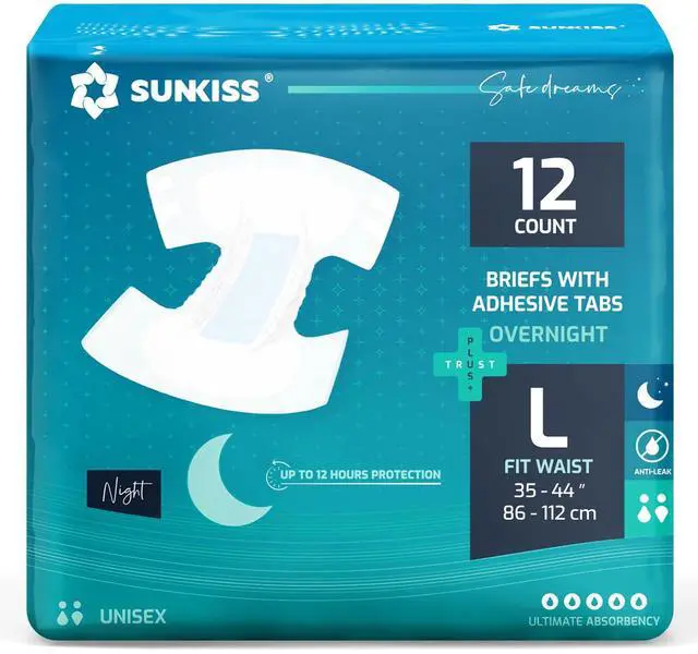 Main image of TrustPlus Overnight Adult Diapers with Tabs, Unisex Disposable Incontinence Briefs for Men and Women, Odor Control, Large, 12 Count