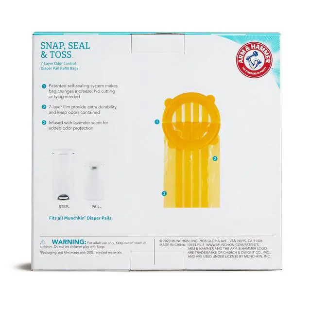 Alt view image 2 of 7 - Arm & Hammer Diaper Pail Refill Bags, Snap, Seal, Toss Disposable Diaper Trash Bags, Lavender Scented, 20 Pack, Holds up to 600 Newborn Diapers